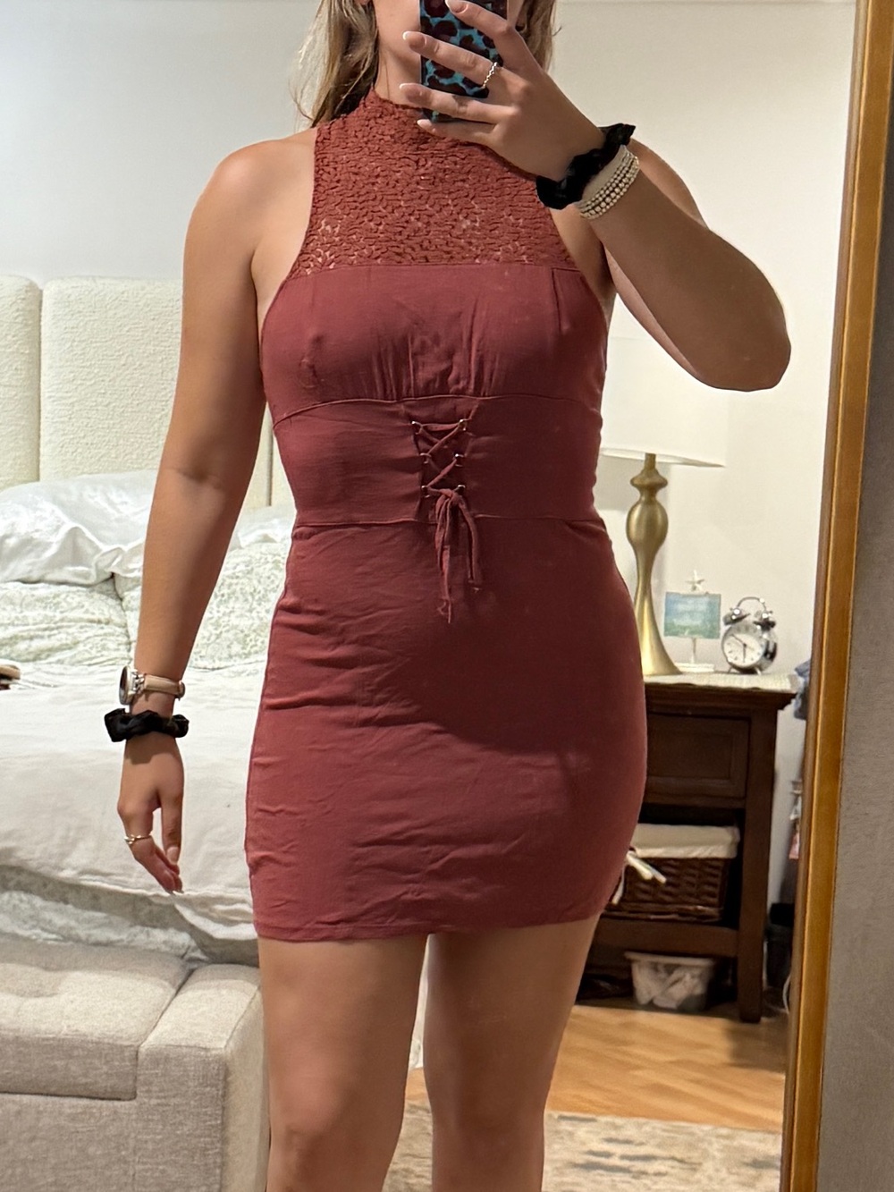 Free People Sleeveless Lace high neck Mini Dress in Rust